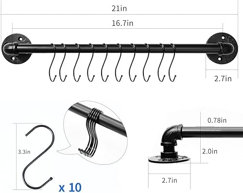 Miniatura 2 de Estante industrial para ollas de 21 pulgadas (paquete de 2), colgadores de pared para ollas, colgador de tapa de riel colgante para cocina con 10
