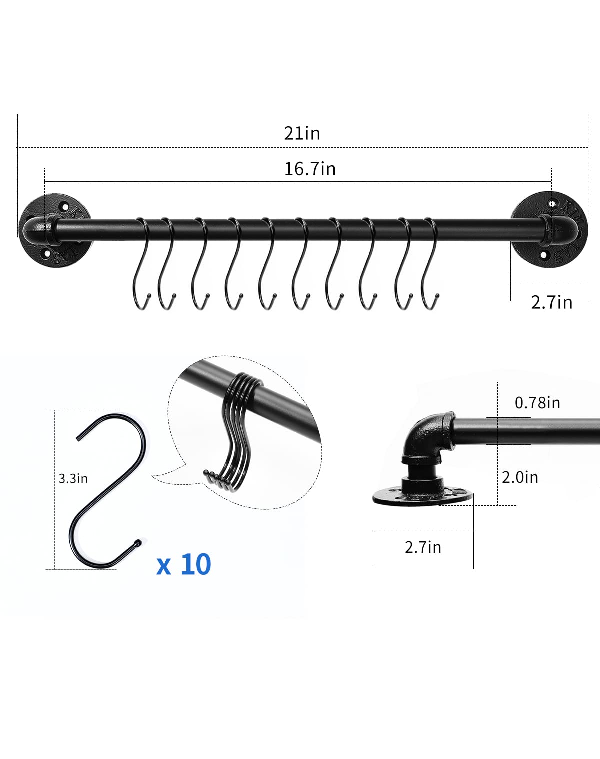 Estante industrial para ollas de 21 pulgadas (paquete de 2), colgadores de pared para ollas, colgador de tapa de riel colgante para cocina con 10 ganchos en S 2