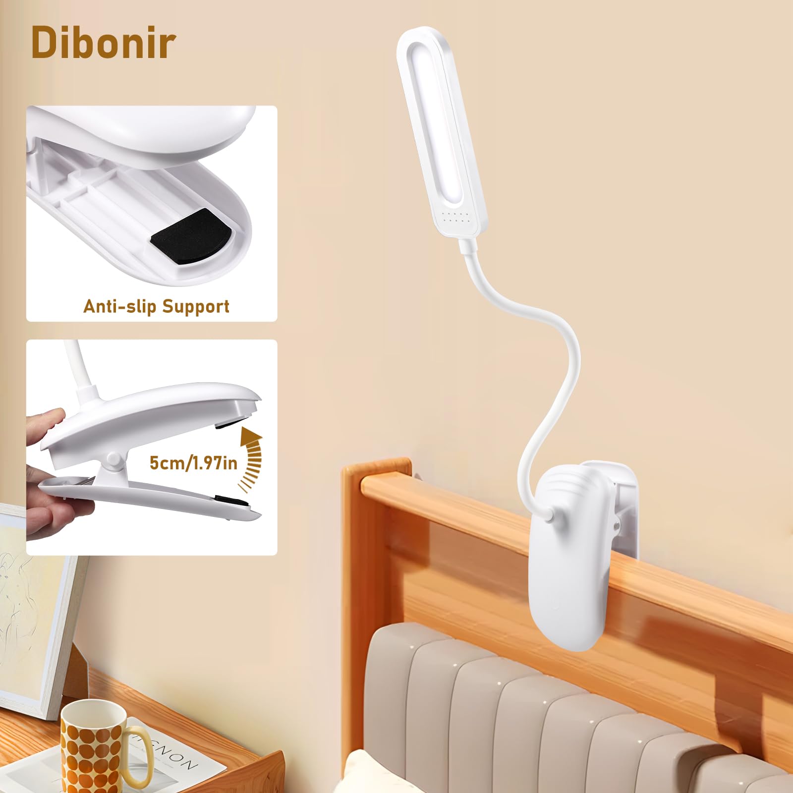 Diboniur Zacisk biurkowy, lampa do czytania LED, elastyczna lampa 360°, klips dla dzieci, 3 regulowane kolory i intensywność do nauki i pracy, jasność ochrona oczu