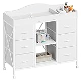 Yetom Changing Table, 6-Drawer Baby Dresser with Changing Table top, Waterproof Diaper Changing Station & Pad, 2 Height-Adjustable Open Storage Shelves, Mobile Nursery Organizer, White