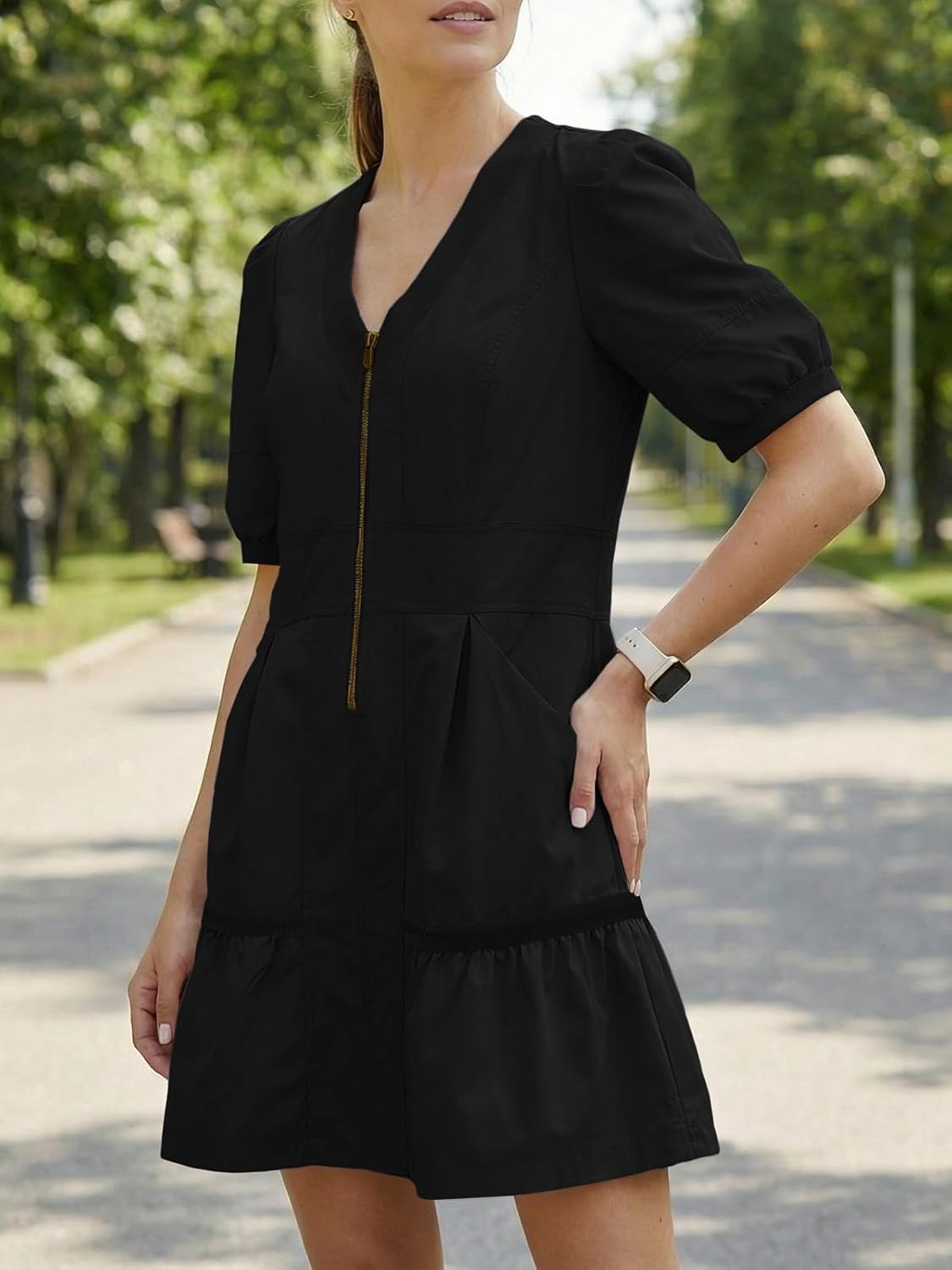 Fisoew Women's Short Sleeve Mini Dress Casual Half Zip V Neck Loose Mesh Back Utility Summer Dresses with Pockets - Image 4