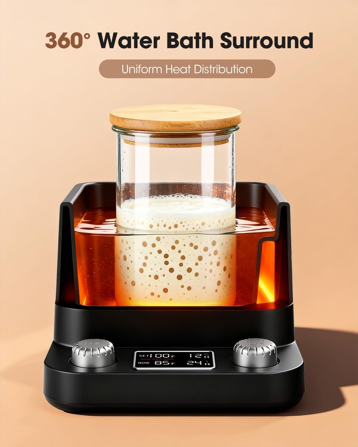 Sourdough Starter Warmer – 360° Water Bath Uniform Warming Thermostat 70–104°F, 198H Timer, Memory Function, Fits Jars Up to 50oz, Sourdough Heater for Kombucha Yoghurt Beer Fermentation
