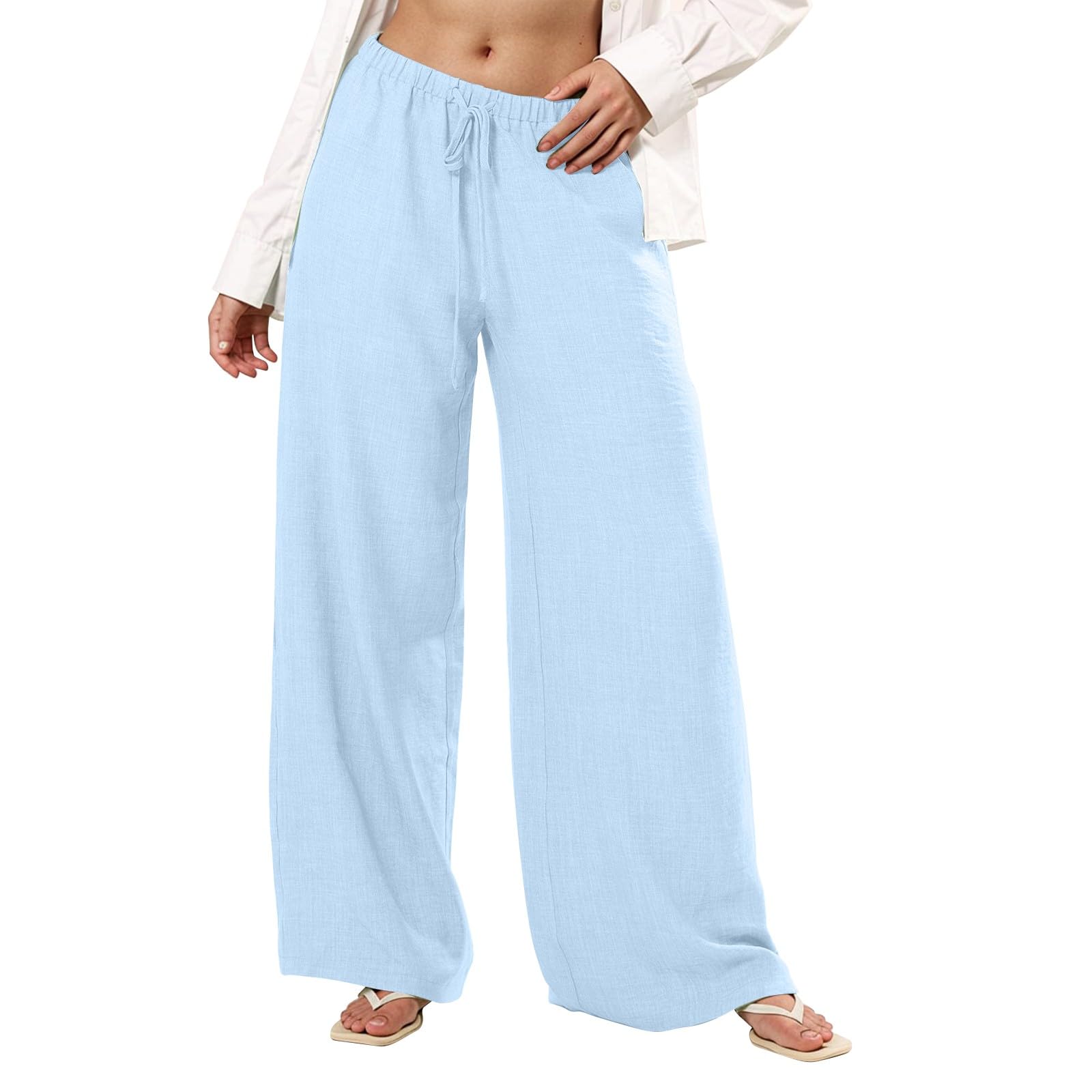 Wide Leg Linen Pants for Women Casual Summer Flowy Palazzo Pants Drawstring Loose Fit Yoga Beach Pant with