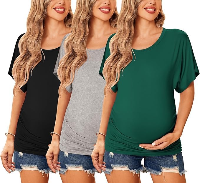 ELESOL Maternity Shirts 3 Packs Dolman Sleeve Side Ruched Tops Tunic Casual Pregnancy Clothes