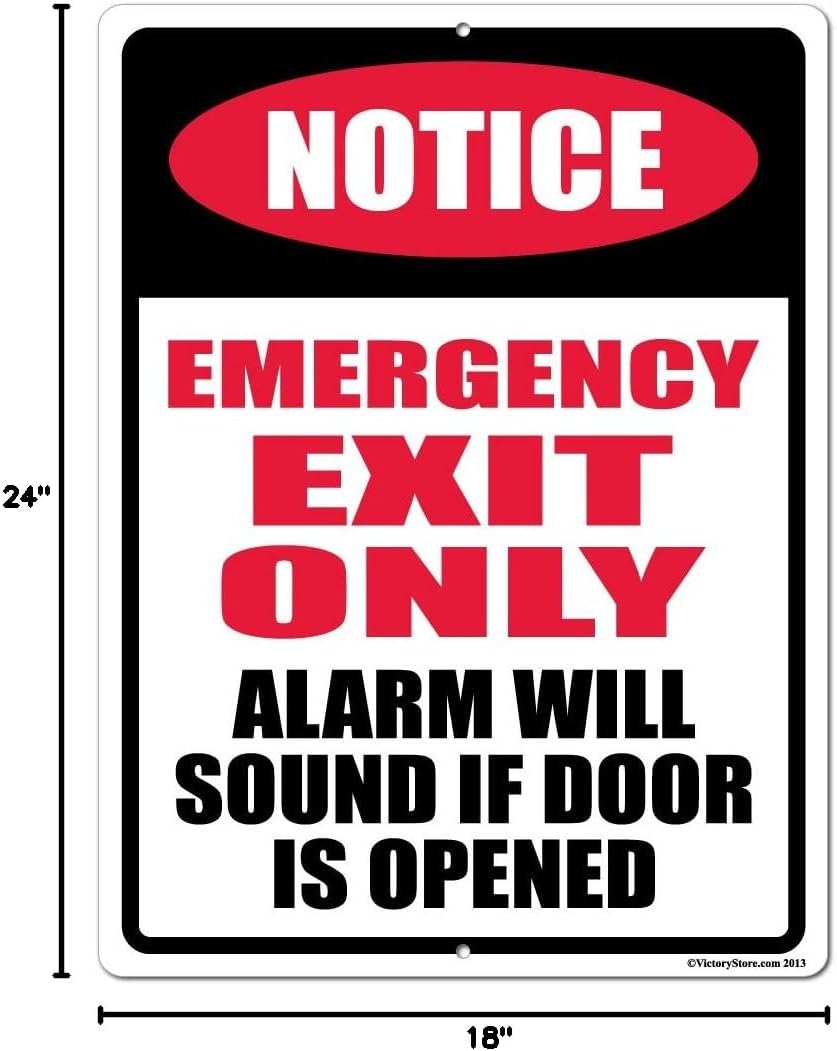 VictoryStore Outdoor Sign: Notice Emergency Exit Only Aluminum Sign, Size 18 inch x 24 inch