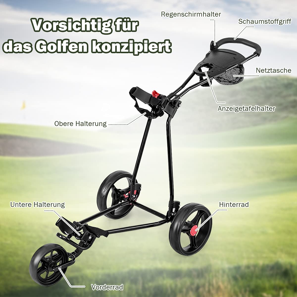 GOPLUS Golf Trolley, Golfwagen klappbar mit 3 Rad & verstellbarem Handgriff, Golf Cart leicht mit Hinterradbremse, Golf Caddy inkl.Trinkflaschenhalter, Schirmhalter & Netztasche, Schwarz