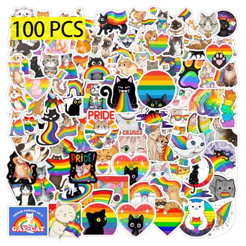 GTOTd Rainbow Cat Sticker Katze Aufkleber (100 Stück) LGBTQ Pride Regenbogen Geschenke Merch für Laptop Wasserflasche Telefon Zubehör Auto Stoßstange Fenster Helm Dekor Teens