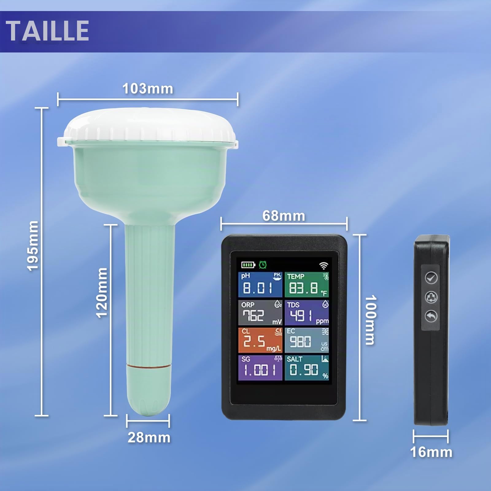 Testeur d'eau intelligent WiFi 8-en-1 pH TDS EC Chlore Salinité ORP Densité Temp, app Tuya surveillance à distance piscine aquarium spa