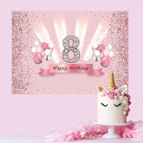 Miniatura 4 de Decoraciones de feliz cumpleaños número 8 para niñas, pancarta de fondo, decoración de fiesta, cartel de tela, fondo de foto rosa para suministros