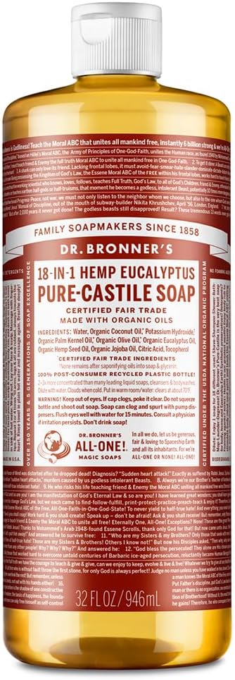 Jabón Puro de Castilla Dr. Bronner's, 18 en 1, Cáñamo y Eucalipto, Pack de 2 Botellas de 32 Onzas