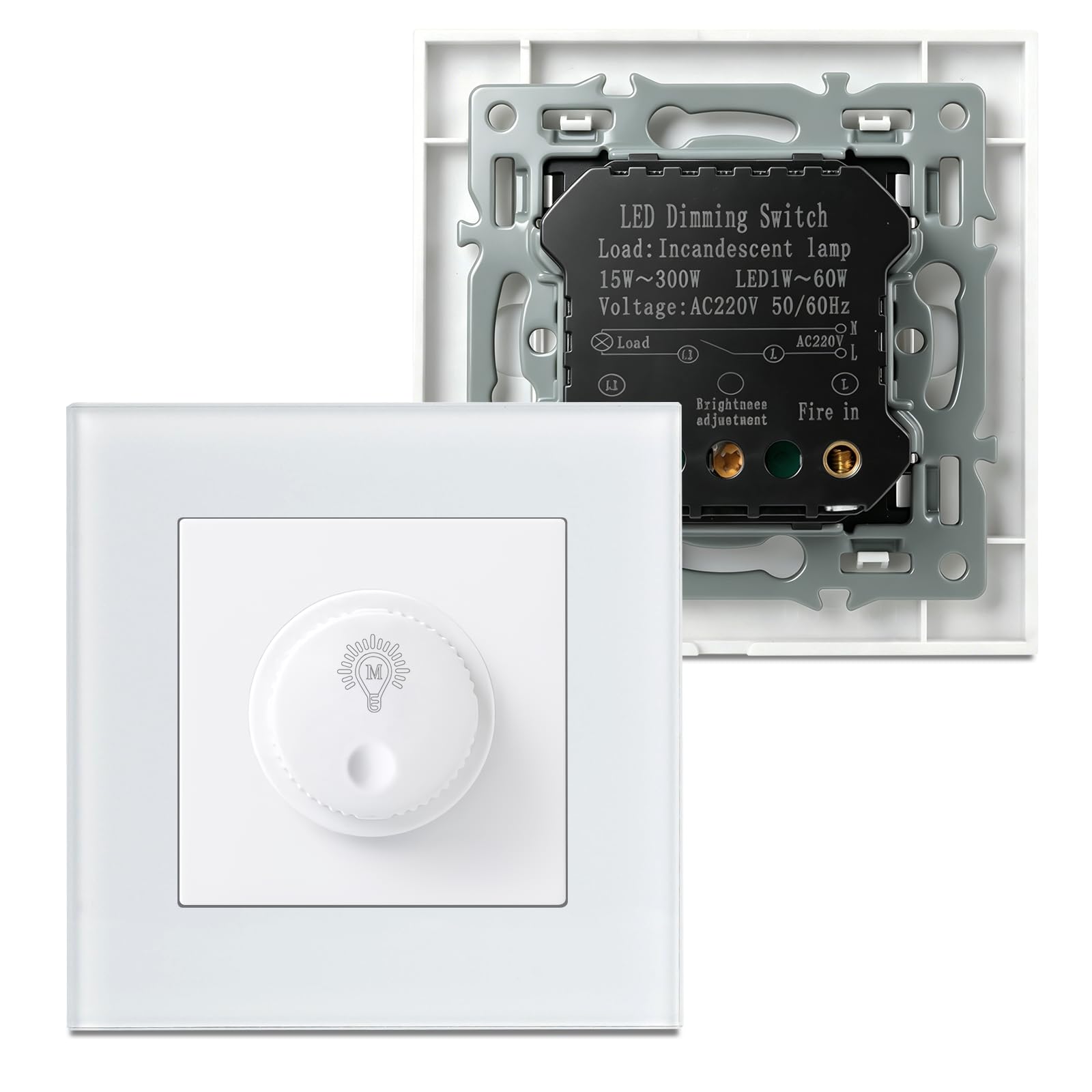 Interruptor Dimmer LED 220v, Regulador de Luz para LED Regulables de 1–60W / Halógenos de 15–300W, Dimmable Switch Protección Segura, Sin Ruido