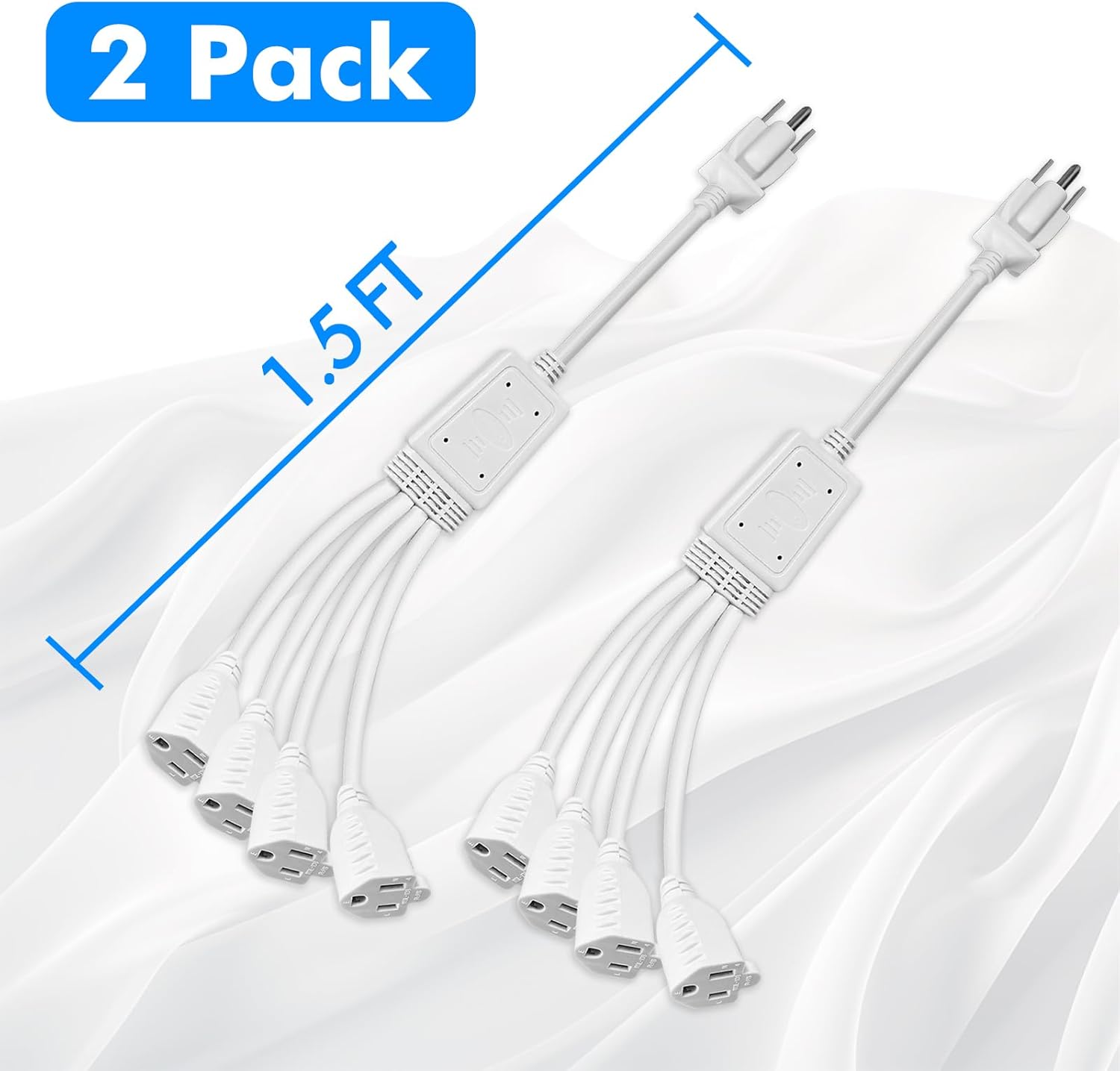 POWERCORDS 4 Way Power Splitter - 4 Outlet Extension Cord, 1.5' Short Extension Cord UL Listed, Outlet Splitter 3 Prong, Power Strip Socket Plug, AC Line Electric Y Style Cable, White, 16 AWG, 2 Pack
