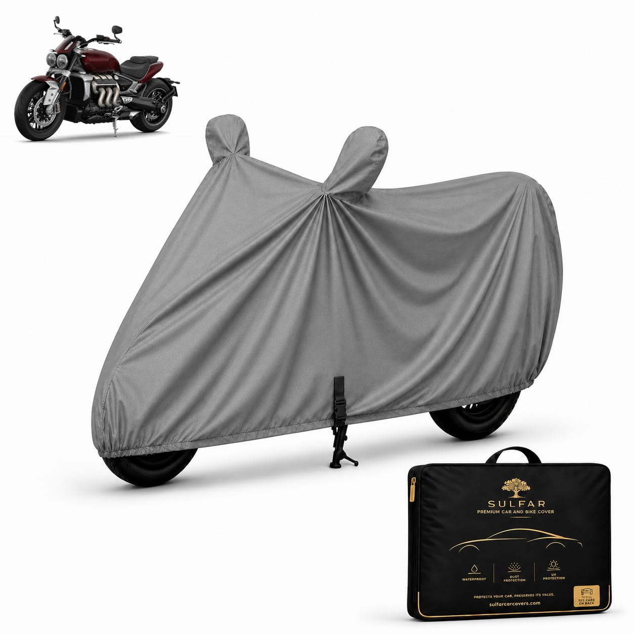 Sulfar Big Bike Cover for Triumph (Rocket 3) with Premium Storage Bag | Tafetta Water Resistant, Dustproof & UV Protected | All Weather Two Wheeler Cover (Dark Grey)-picture-10