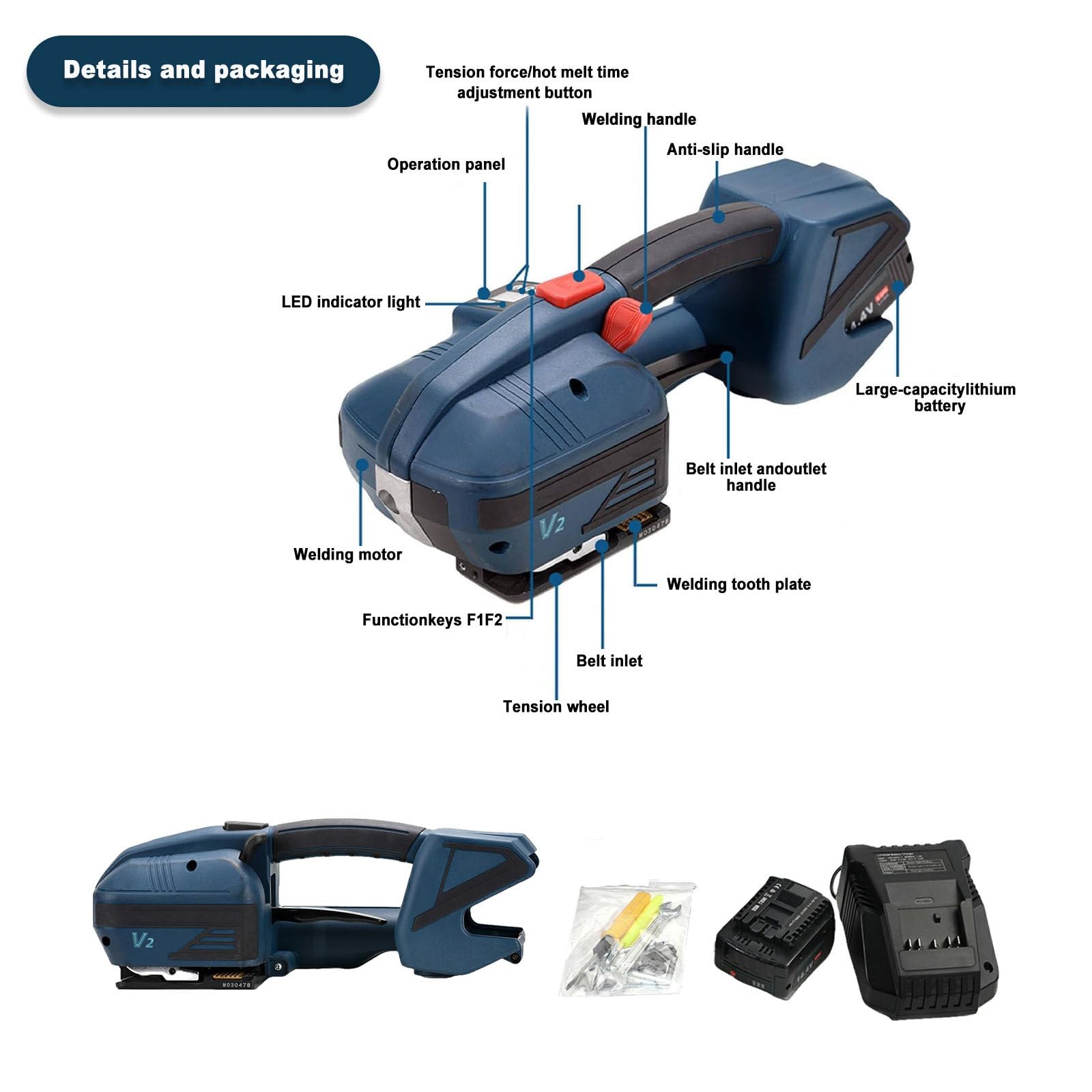 Cercleuse Électrique avec Batterie 4000 Mah, Cercleuse Automatique, Cerclage d'emballage pour PP/Pet 1/2" À 5/8", Cercleuse Électrique Portable avec Écran LCD.