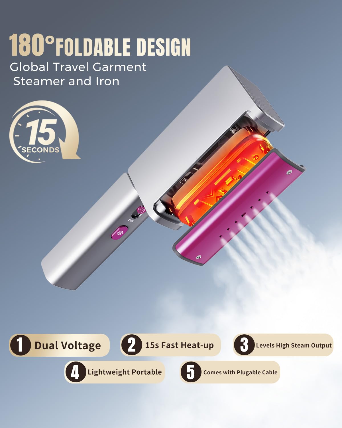 Vaporizador de viaje de 1200 W para ropa portátil Mini, doble voltaje, vaporizador de ropa plegable pequeño y plancha, vaporizador compacto de ropa, calentamiento rápido de 15 segundos, cable 5