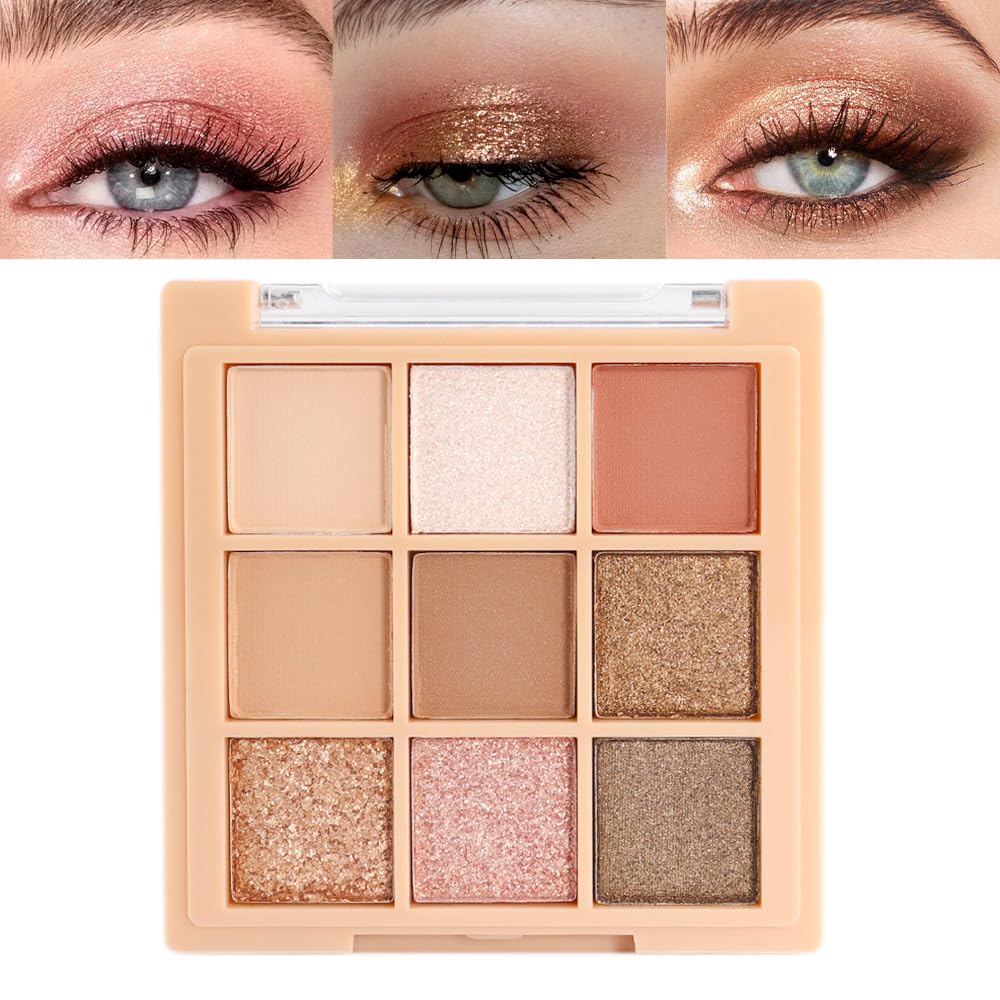 Matte Shimmer Nude Pink Eye Shadow Palette Makeup,Eyeshadow Long Lasting Waterproof Cruelty-Free , 9 Blendable Shades in Smooth Matte and Shimmer Finishes with Gorgeous Pearls for Girls (10#) 5#