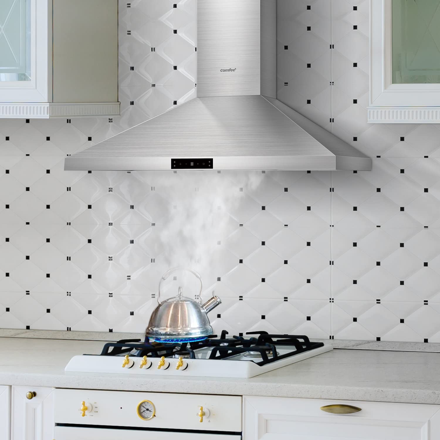 Comfee CVP36W7AST 36 Inch 450 CFM 3 Speed Gesture Sensing &Touch Control Panel Stainless Steel Wall Mount Ductless/Ducted Convertible Vent Baffle Filters and 2 LED Lights Range Hood