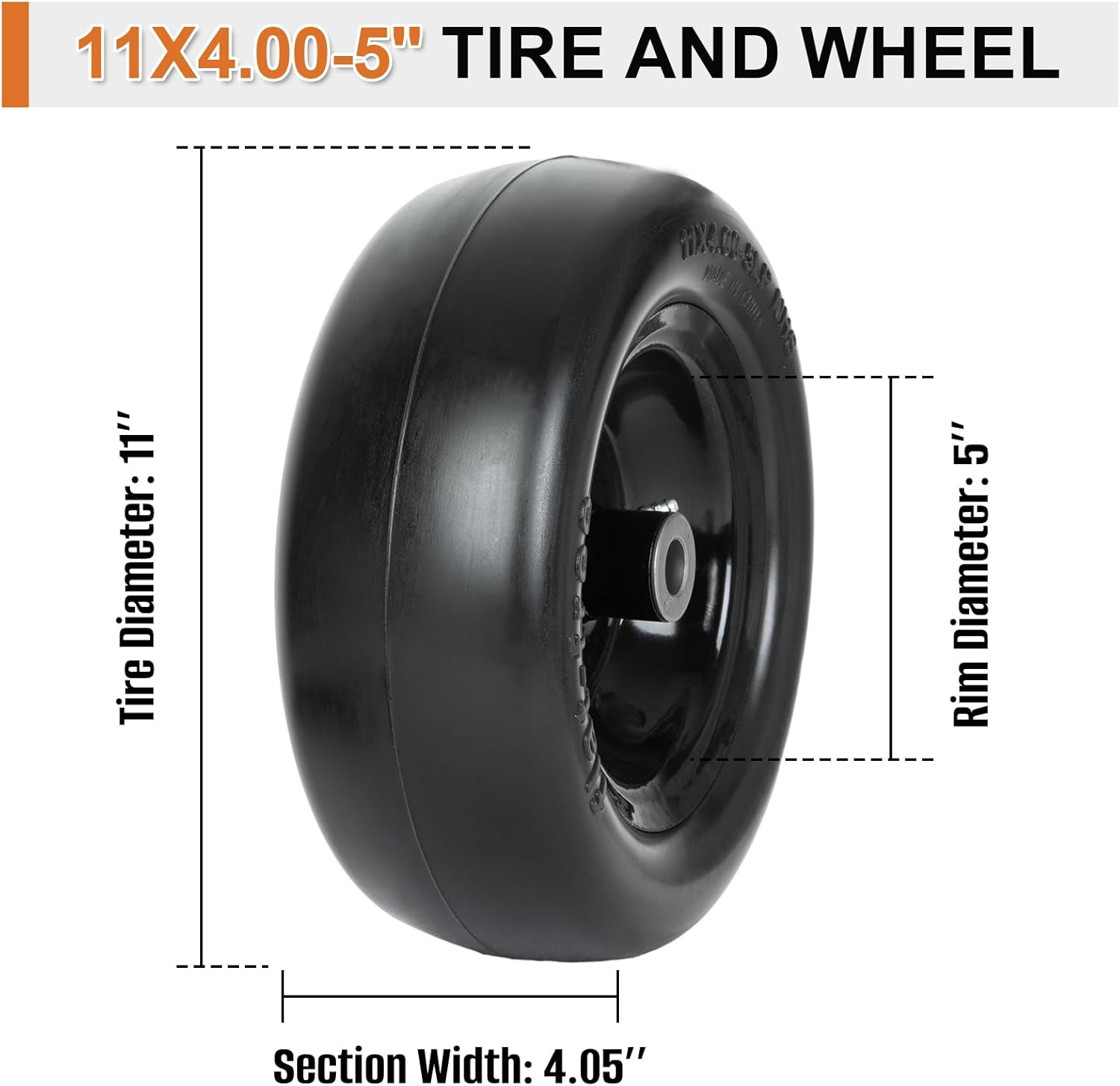 2 Pack 11x4.00-5 Flat Free Lawn Mower Tire and Wheel Assembly Universal Fit, Smooth Tread, 3/4", 5/8" & 1/2" Bushing, 3.4", 4", 4.5" & 5" Centered Hub for Zero Turn Lawn Mowers