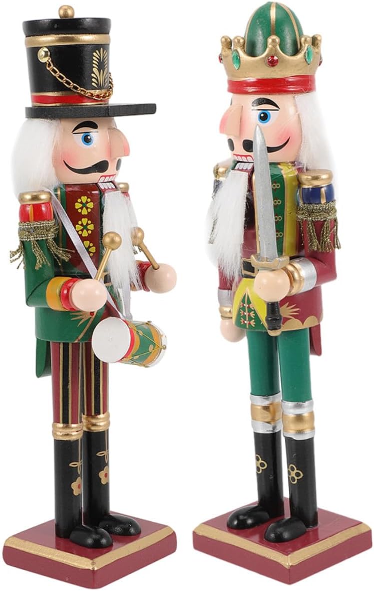 Veemoon 2pcs Christmas Nutcracker Figurines 30cm Wooden Nutcracker Soldier and Drum Set Green Sword and Drum Xmas Decor for Holiday Tabletop and Shelf Decoration