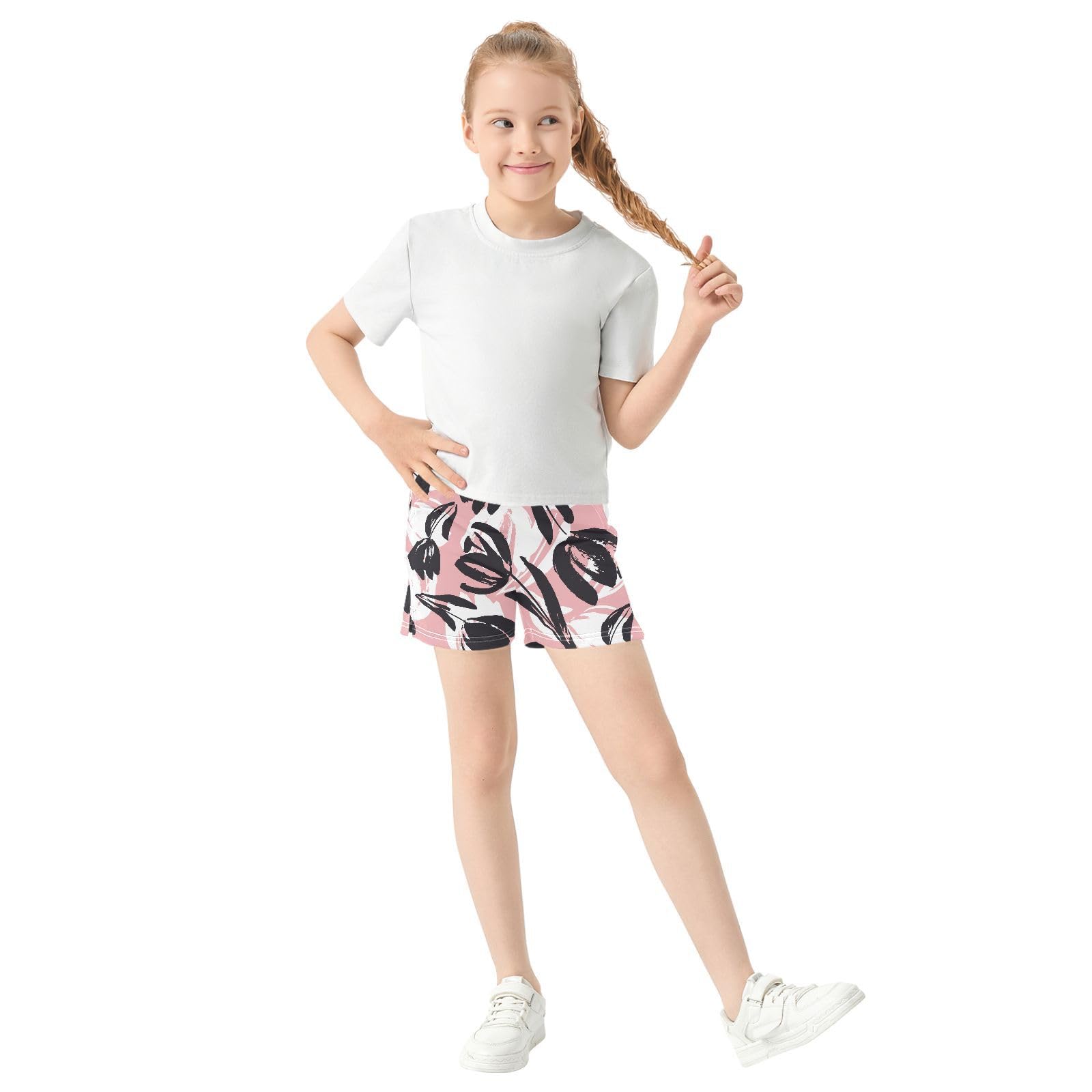 pnyoin Girl's Shorts Spring Tulips Floral Athletic Running Shorts with Pockets Size 14-15t Multi