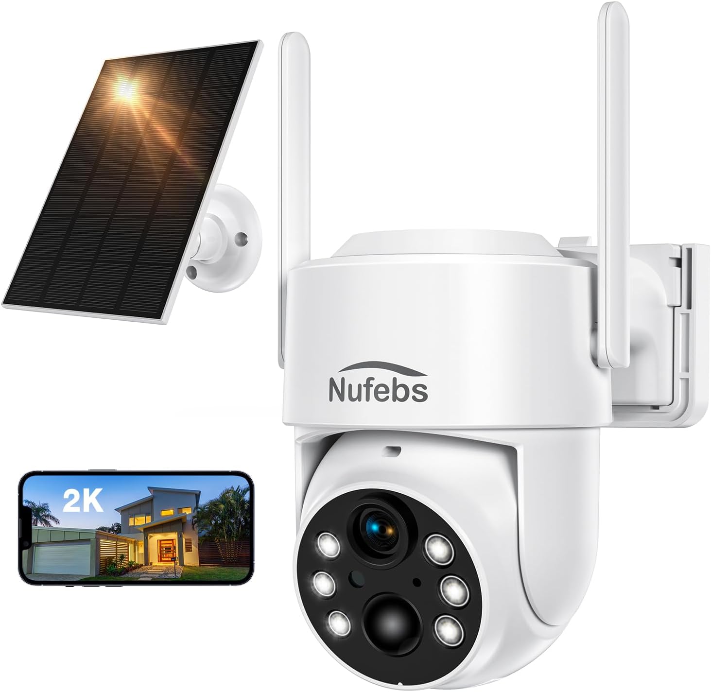 NUFEBS Security Camera 2K/4MP Wireless Outdoor with Solar Panel 355°PTZ 2.4G WiFi Waterproof Surveillance with Motion Dection Spotlight/Siren Color Night Visio and 2 Way Audio Green