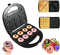 KOLENSA Máquina De Donuts, Elétrica Sanduíche E Waffle 3 Em 1, Torradeira Para Sobremesas Panini Com Placas Antiaderentes Removíveis, Conjunto Ferro Intercambiável 750 W, Uso No Café Da Manhã Chá Ta