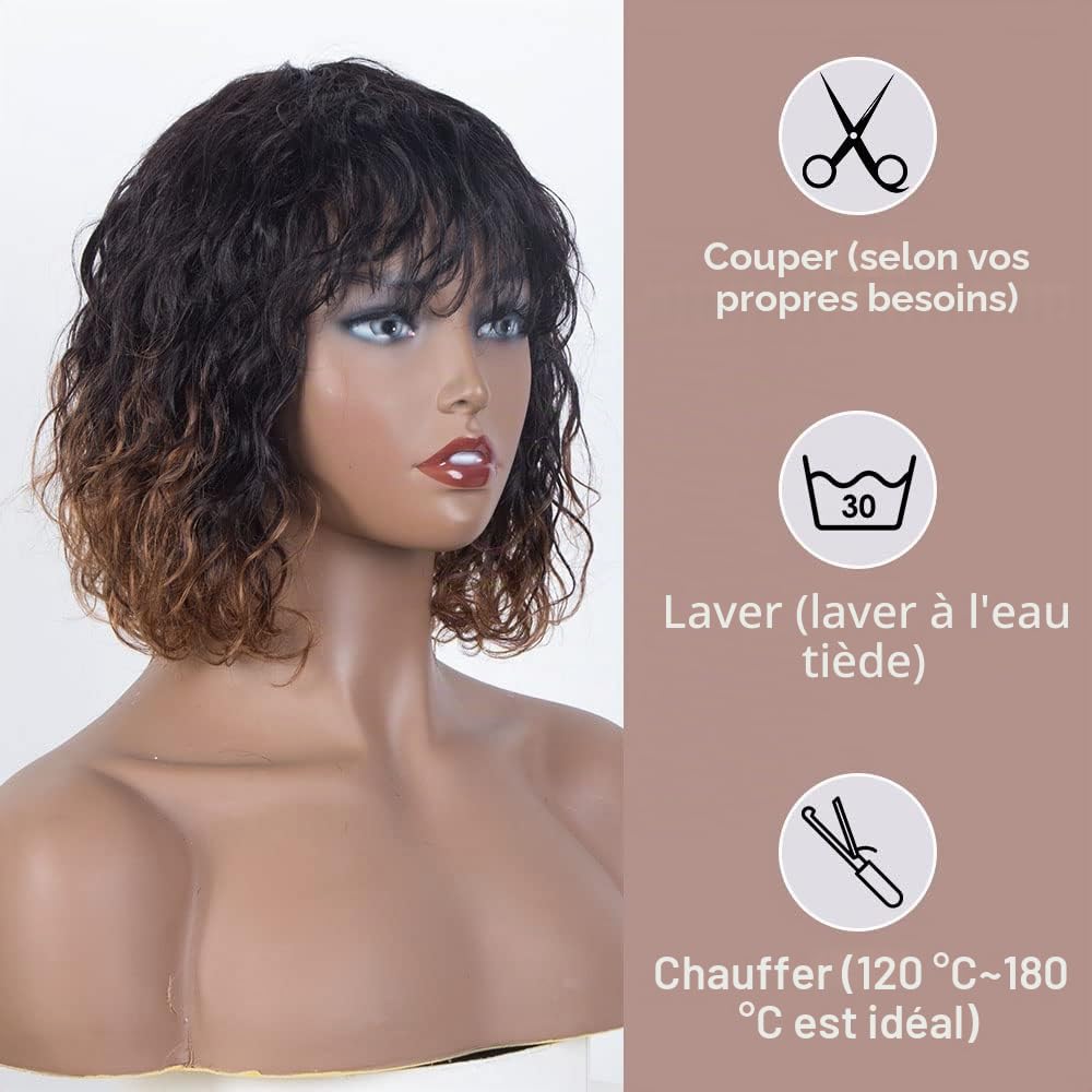 FASHION IDOL Bob Perruque de Cheveux Humains Bouclés pour Femmes Noires 25CM Brésilienne Vierge de Cheveux Humains Courte Perruque Ondulée en Eau Profonde avec Frange 150% Densité (25CM, Or)