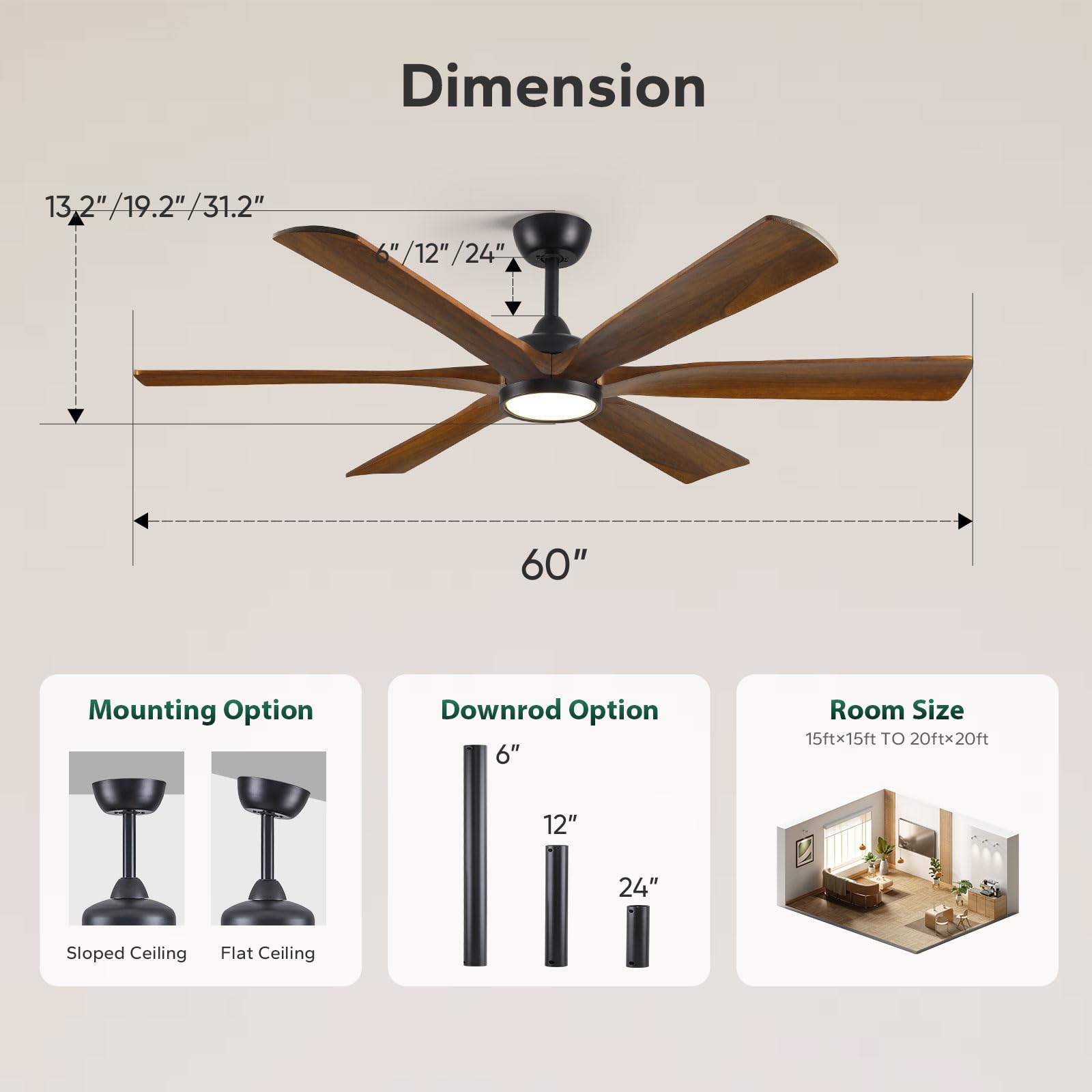 152cm-Deckenventilator mit Beleuchtung und Fernbedienung – Moderner Farmhouse-Stil, 6 braune Massivholzflügel, leistungsstarker und leiser DC-Motor mit Reversierfunktion – Für Innenräume Schlaf