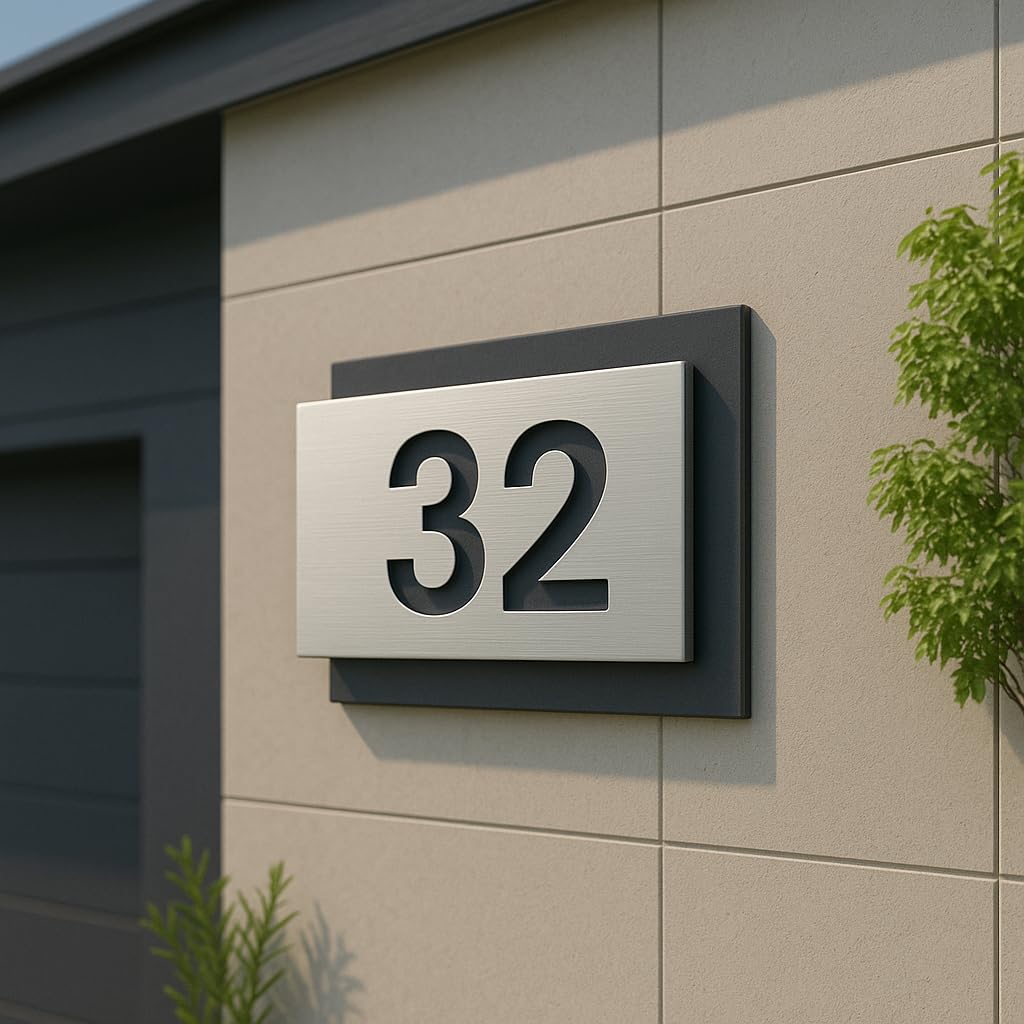 Hausnummernschild von EDS-Werbemedien - Hochwertiges Hausnummer Schild in Edelstahl-Design - Individuell personalisierbares Haus Nummernschild aus UV- und witterungsbeständigem Material