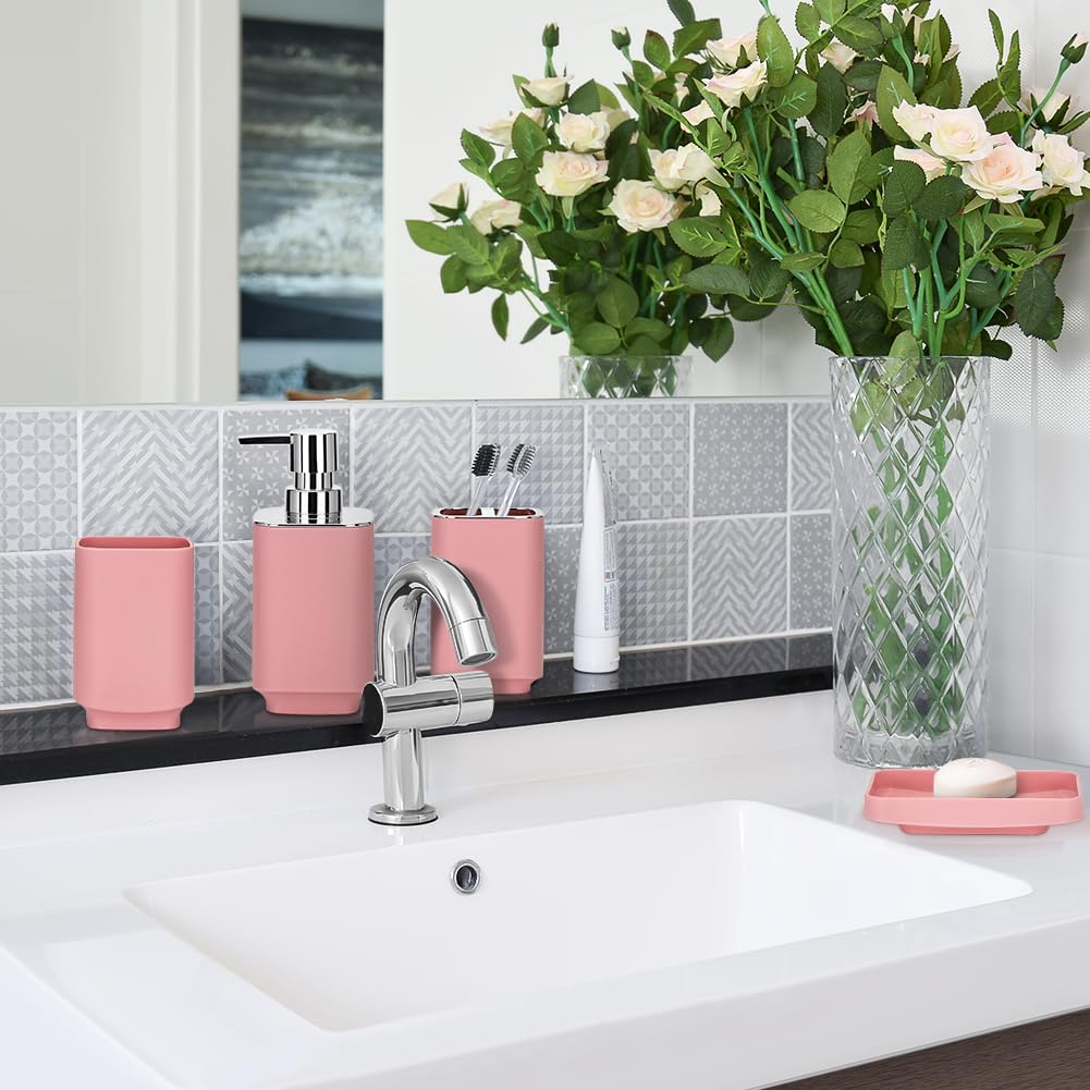 JOTOM Set di 6 accessori da bagno in plastica di lusso con pattumiera, scopino per WC, porta spazzolino, bicchiere, portasapone e dispenser di sapone (rosa)