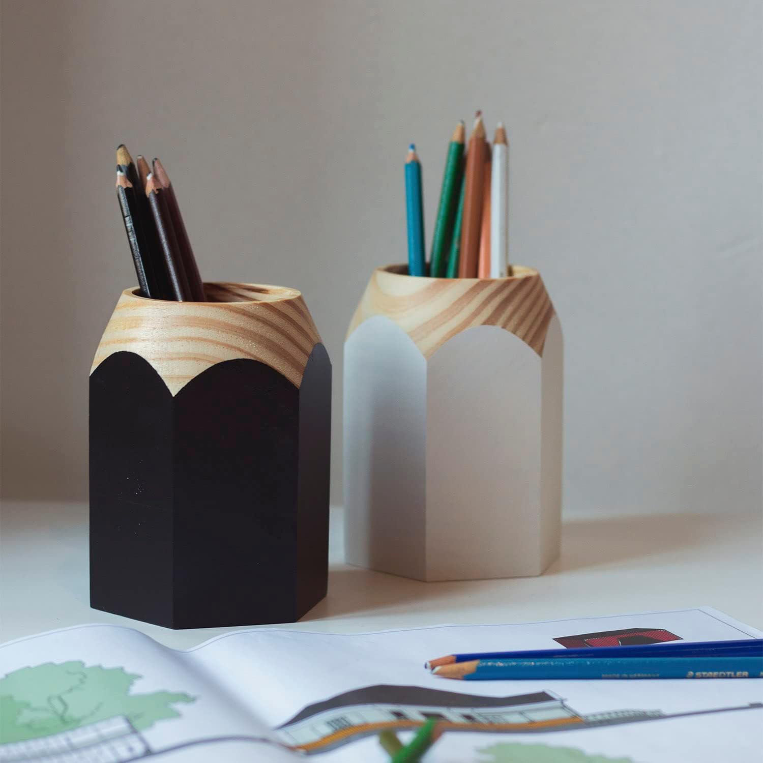 GEGUTON Sharpener Shaped Pen Holder – Black Solid Wood and Steel and Retro Design – Organizes Desk Accessories, Adds Charm to Workspaces, Great Gift – Fun Collection image 5