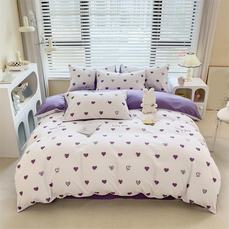 Purple and White Heart Double Duvet Cover Set Aesthetic Purple Love Heart Bedding Set for Girls Kids Women Microfiber Quilt Cover Sweet Small Love Heart Comforter Cover Soft White Bed Cover,Double