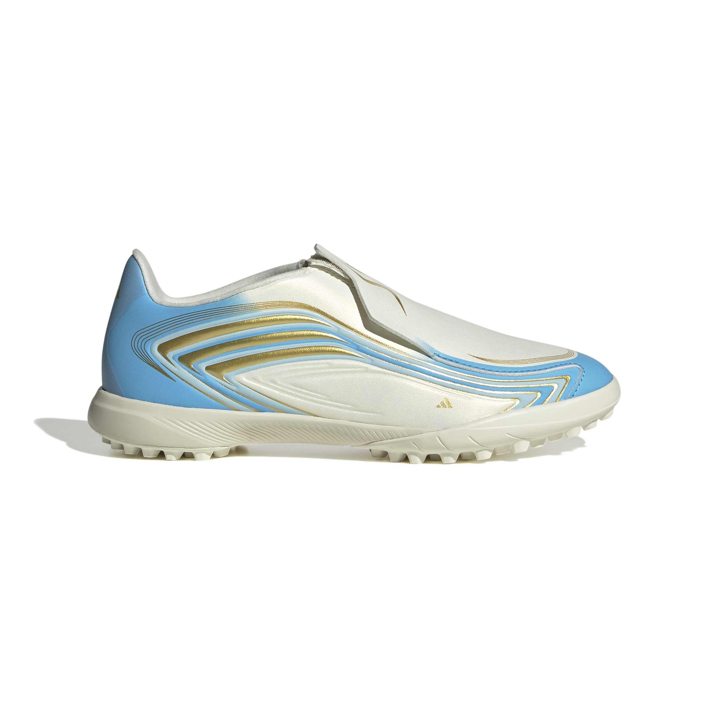 adidas Uniseks - dzieci F50 Messi League Laceless Turf Football Kids Shoes, ivory/semi blue burst/icey blue, 34 EU