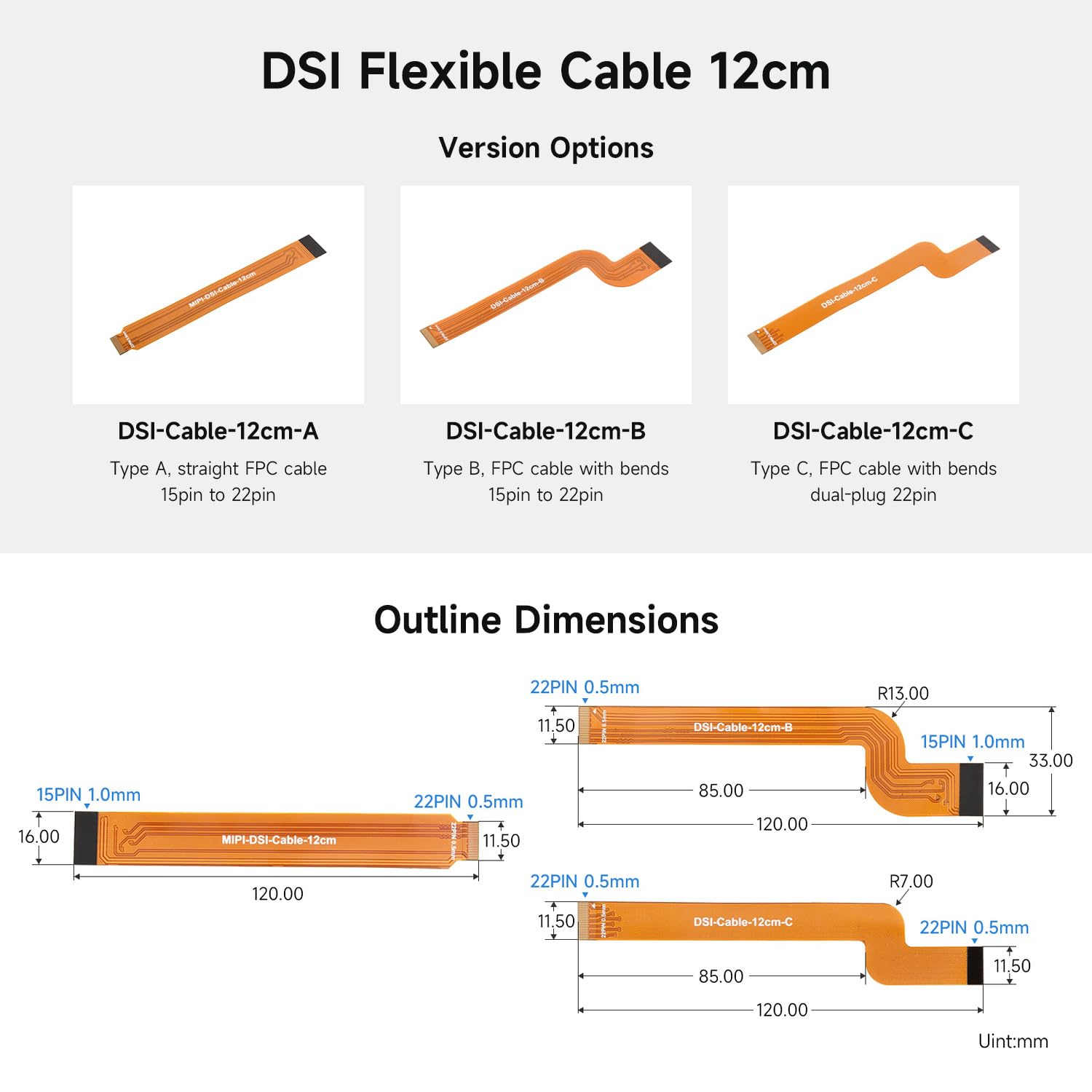 Waveshare DSI-Cable-12cm-C(2PCS), Type C, FPC Cable with Bends, Dual-Plug 22pin, DSI 12cm FPC Flexible Cable