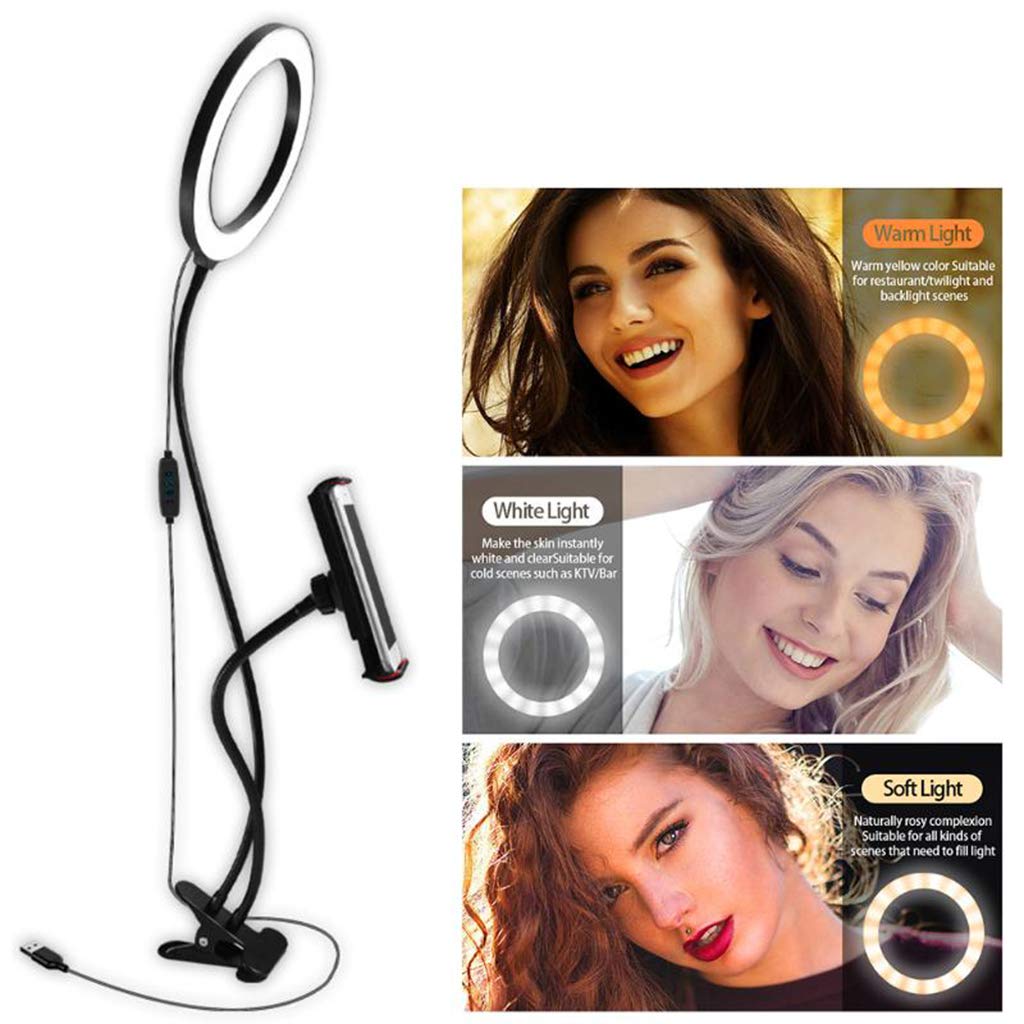 Soporte Perezoso para Teléfono Móvil Selfie, con Transmisión De Luz En Vivo con Temporizador Led, 3 Modos De Iluminación Regulables, Adecuado para Todos Los Teléfonos Móviles Negro