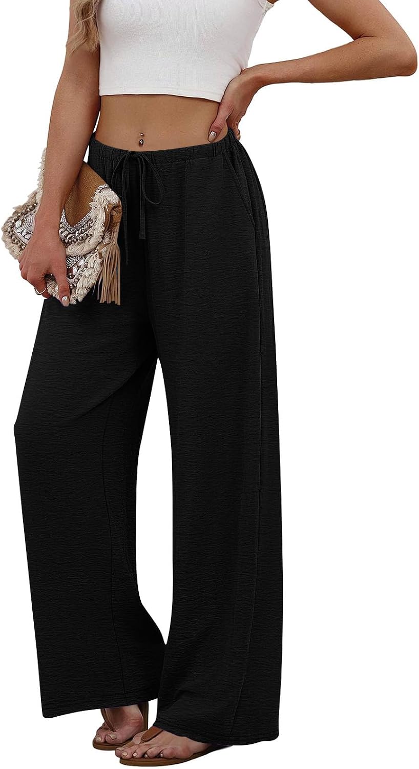 Womens Wide Leg Pants Flowy Palazzo Drawstring Pant Elastic Waist Summer Business Casual Beach Vacation Trousers