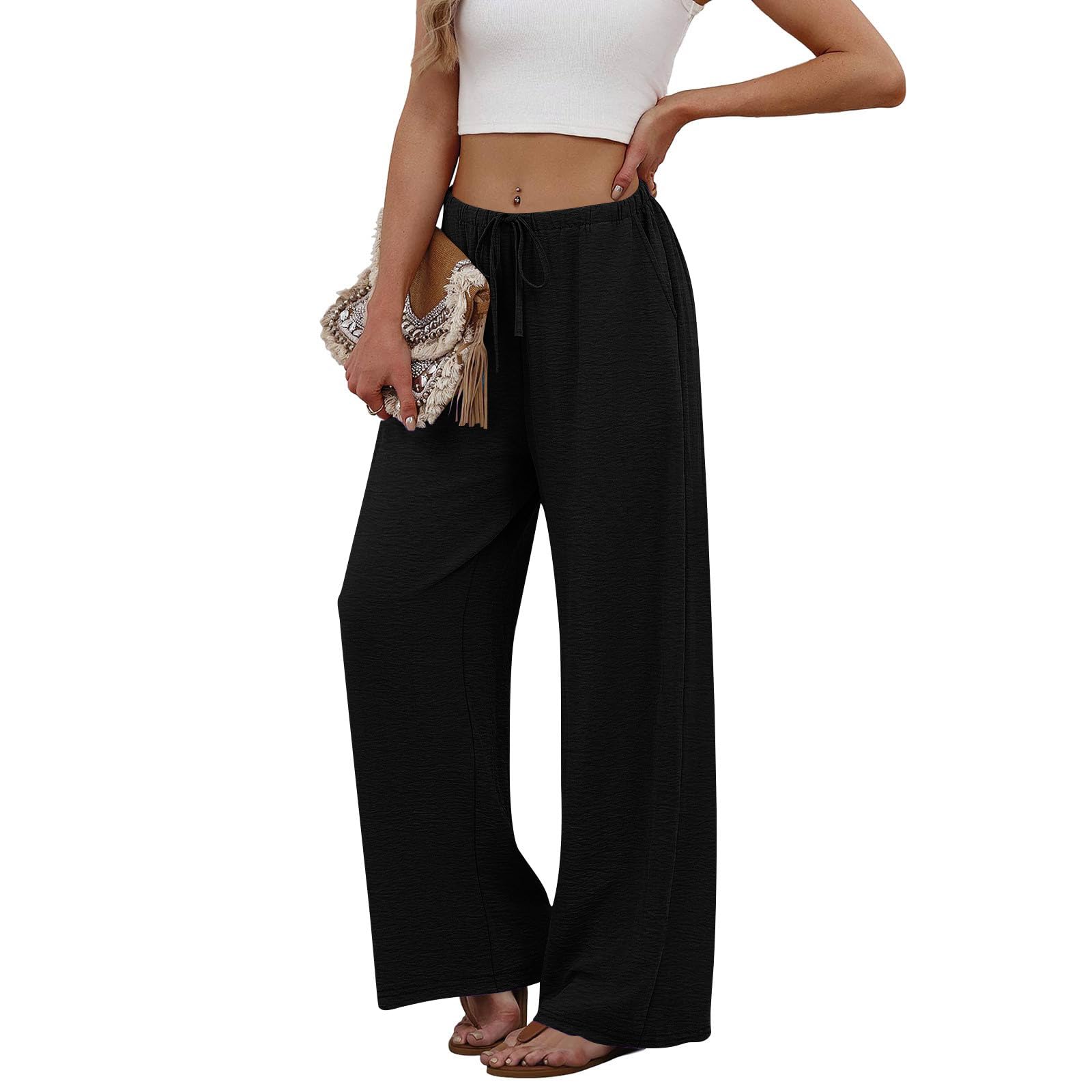 Women Linen Pants Wide Leg Casual Palazzo Trousers Summer Fashion Clothing Business Casual Beach Pants with Pockets - 3
