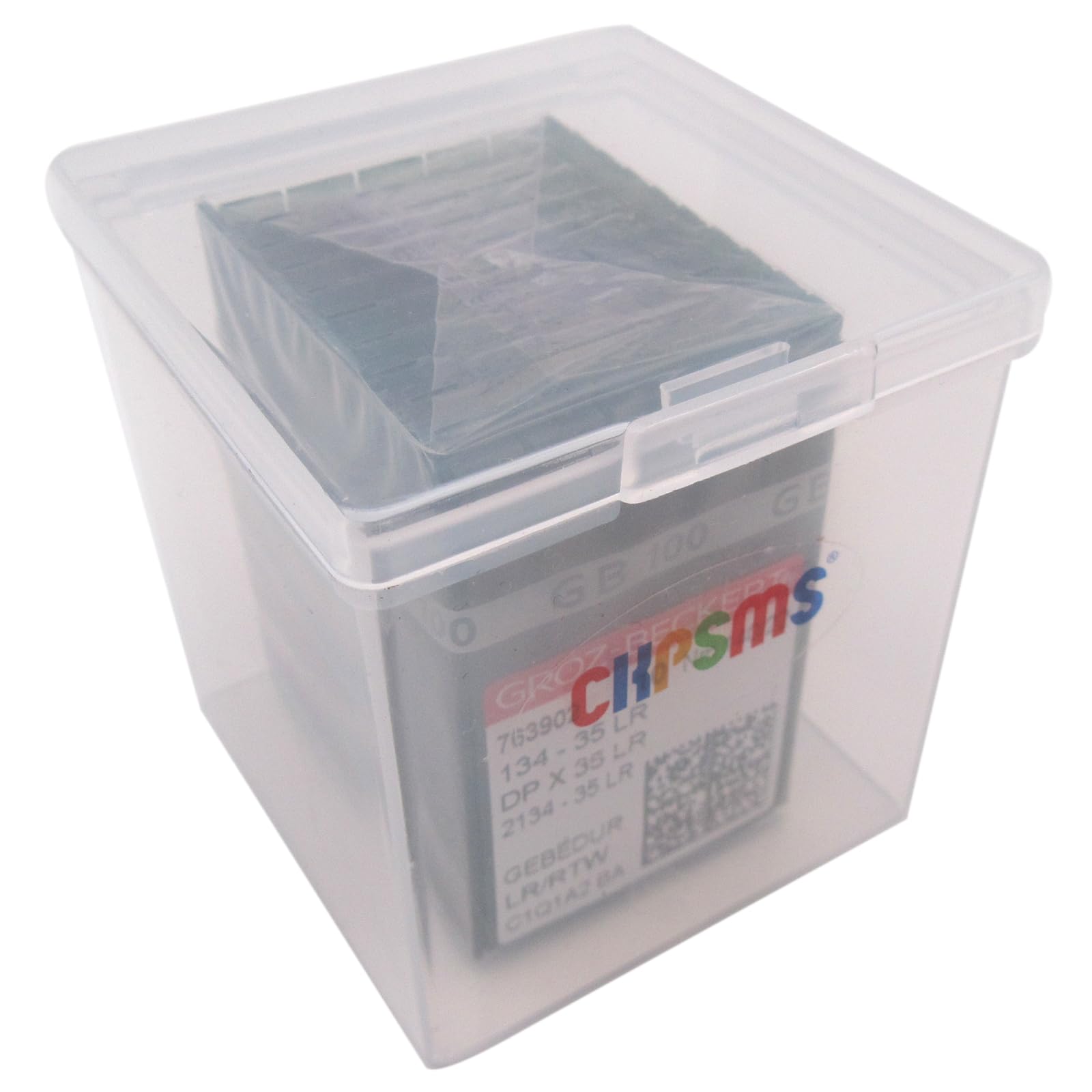 GROZ-BECKERT - Aguja en caja de plástico transparente CKPSMS, 100 agujas de coser Groz-Beckert 134-35LR, DPX35LR Gebedur de cuero de titanio (tamaño de aguja: 18/110)