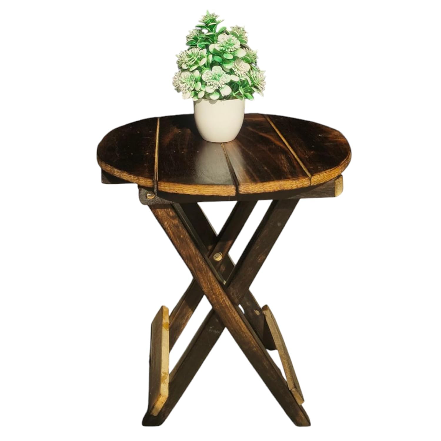 ARTROCK Foldable Solid Wooden Stool Round for Living Room Bedroom Balcony Rustic Brown Portable Folding Side Stool Compact Plant Stand Tea Table Footrest 30x30x30 cm-image-3