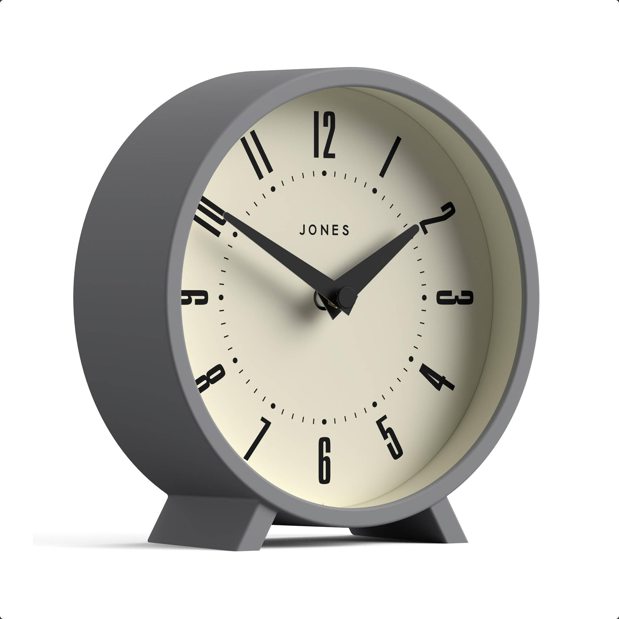 JONES CLOCKS® Venus Schreibtischuhr | Modernes runddesign | Grau | Stilvoller Retro-Look für Regal, Tisch, kaminsims oder nachttisch
