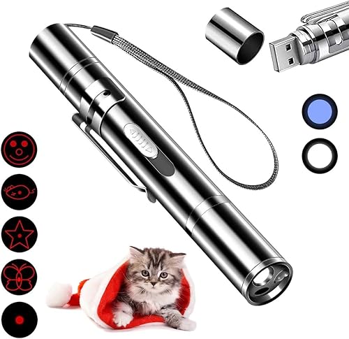 Juguete láser para gatos, puntero de mano recargable por USB, 5 patrones de láser rojo, interacción interior adecuada con gatos o perros