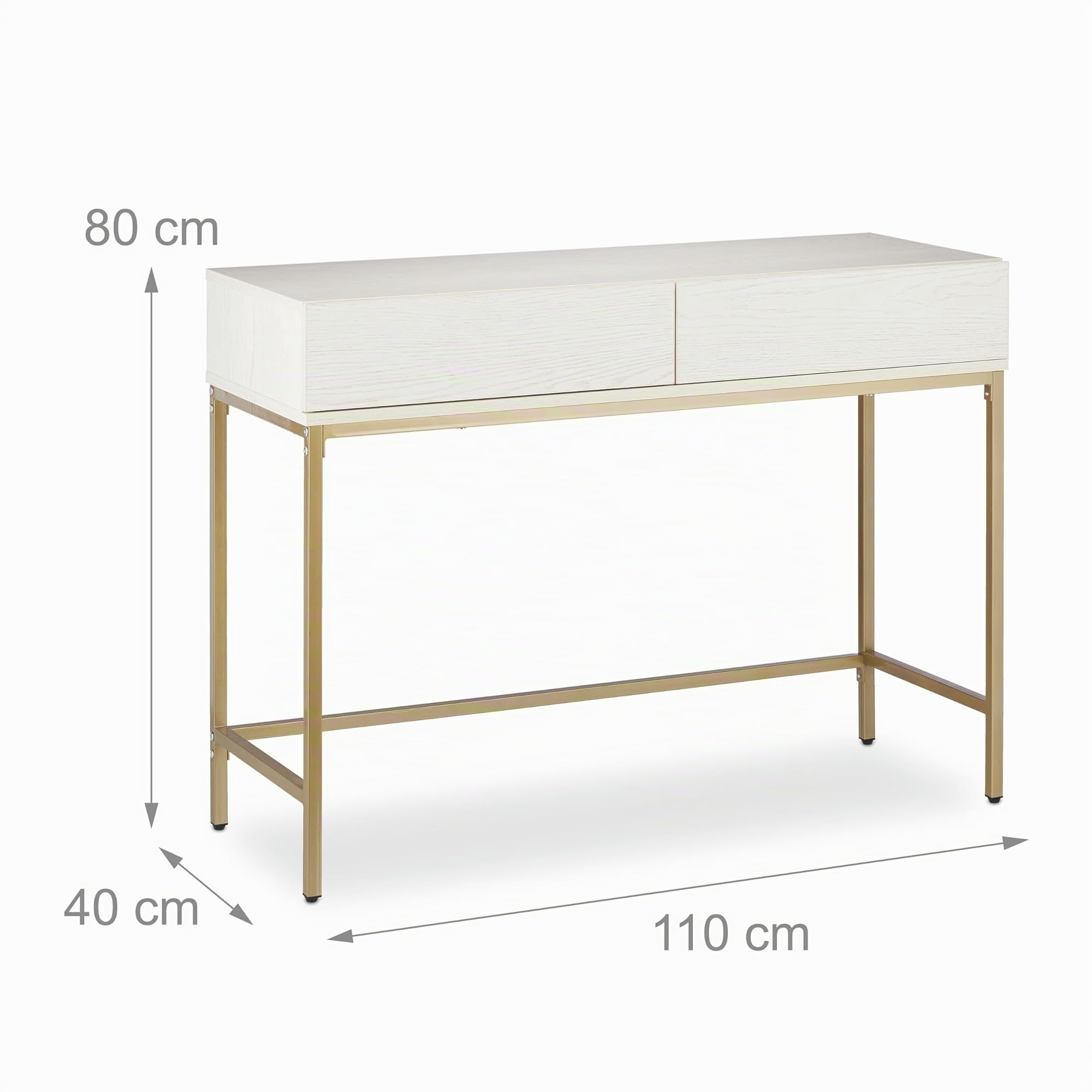Relaxdays Tavolo Consolle, 2 Cassetti, Mobile Stretto Corridoio e Soggiorno, Effetto Legno, HLP 80x110x40 cm, Bianco/Oro