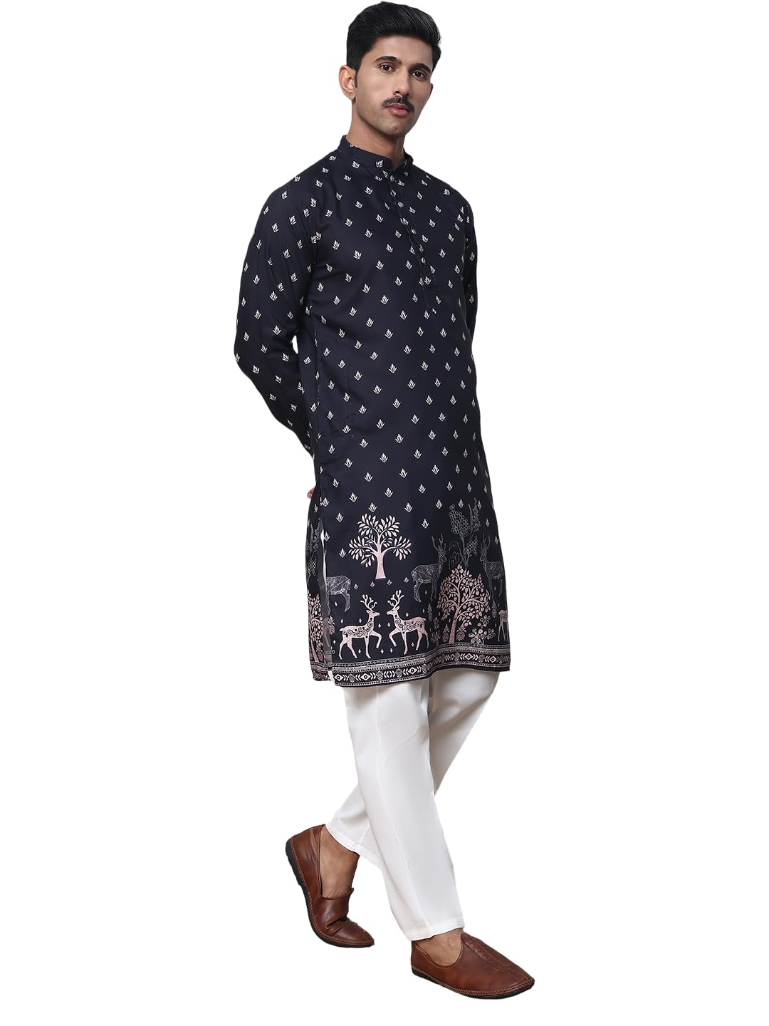 jompers Men’s Ethnic Printed Kurta with White Pyjama (Black, XL)-picture-23