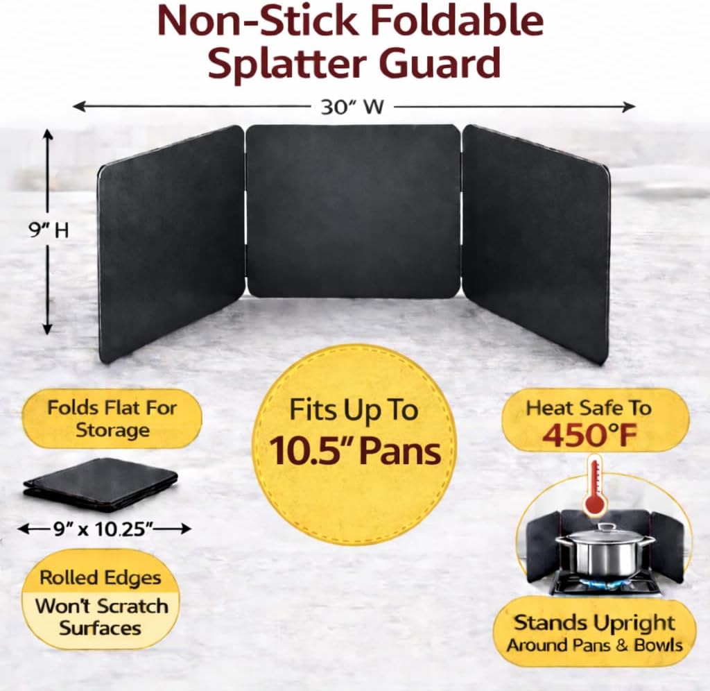 HIC Kitchen 3-Sided Splatter Guard, Non-Stick Carbon Steel, Heat Safe, Set of 2, Folds Flat For Storage, Fits Up To 10.5-Inch Pans And Bowls