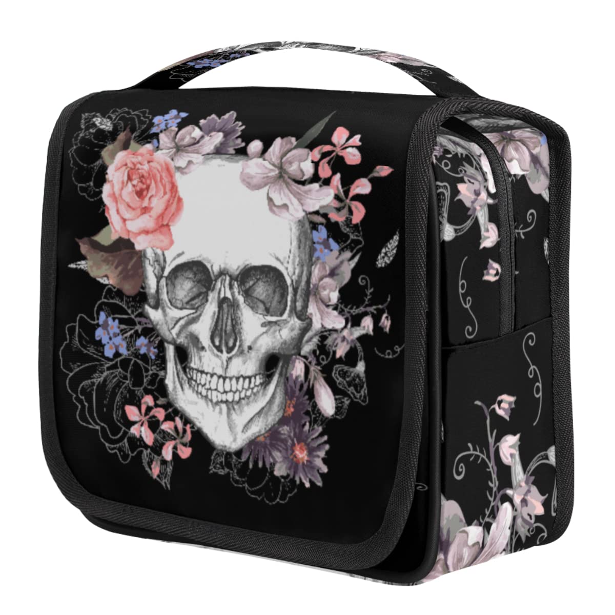Hanging Toiletry Bag Sugar Skull Flower Halloween, Makeup Bag Cosmetic Bag Bathroom Travel Organizer Large for Women Girls