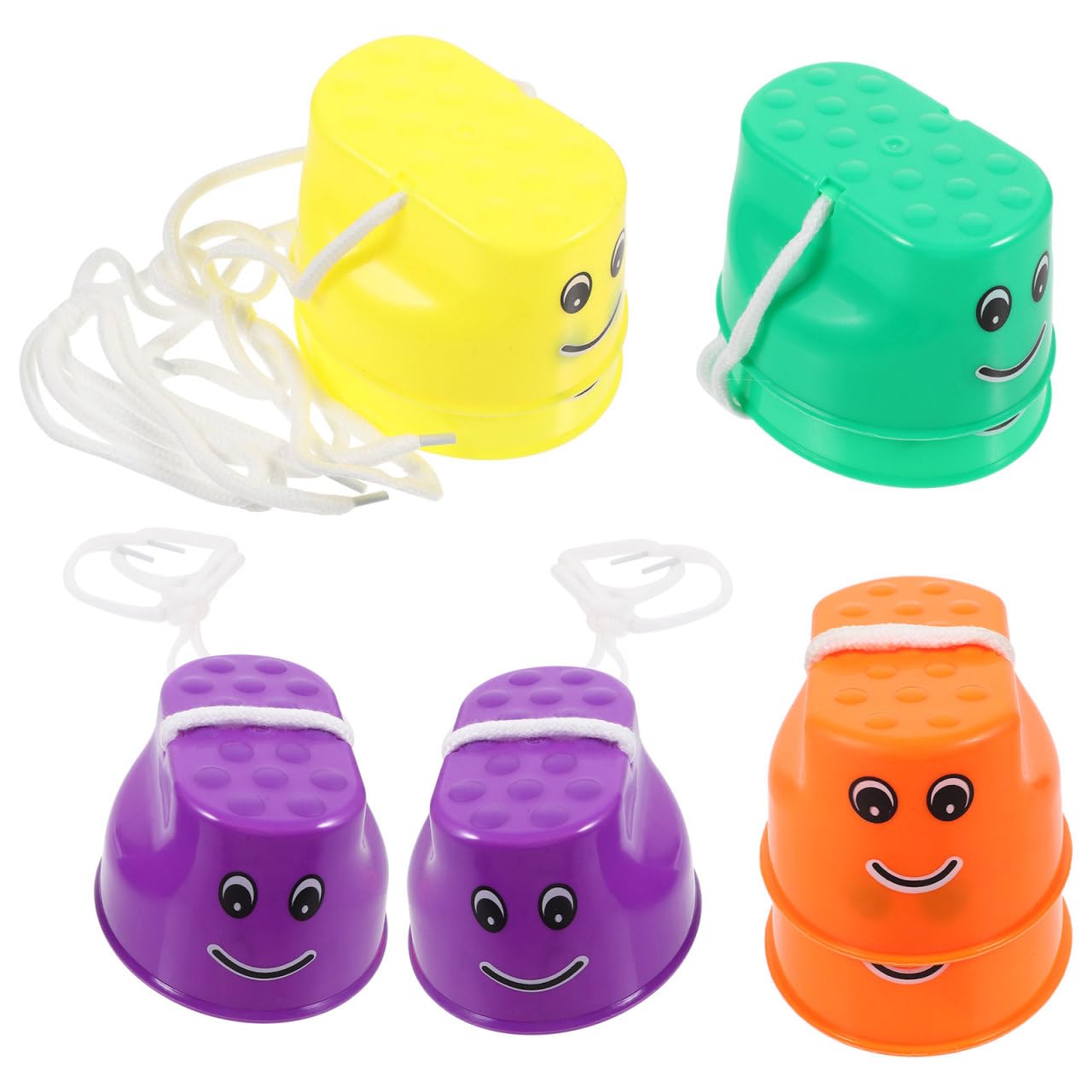 Garneck Zancos para Niños De Plástico Reforzado Antideslizantes 4 Pares Colores Surtidos (Amarillo, Verde, Naranja, Morado) Cuerda Ajustable para Juegos Al Aire Libre y Desarrollo Motor