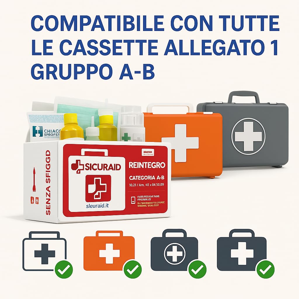 SICURAID Kit Reintegro Cassetta Pronto Soccorso Allegato 1 – Aziende 3+ Dipendenti – Conforme DM 388/2003 – Ricambi Completi Certificati per Kit Medico Aziendale – Senza Sfigmomanometro