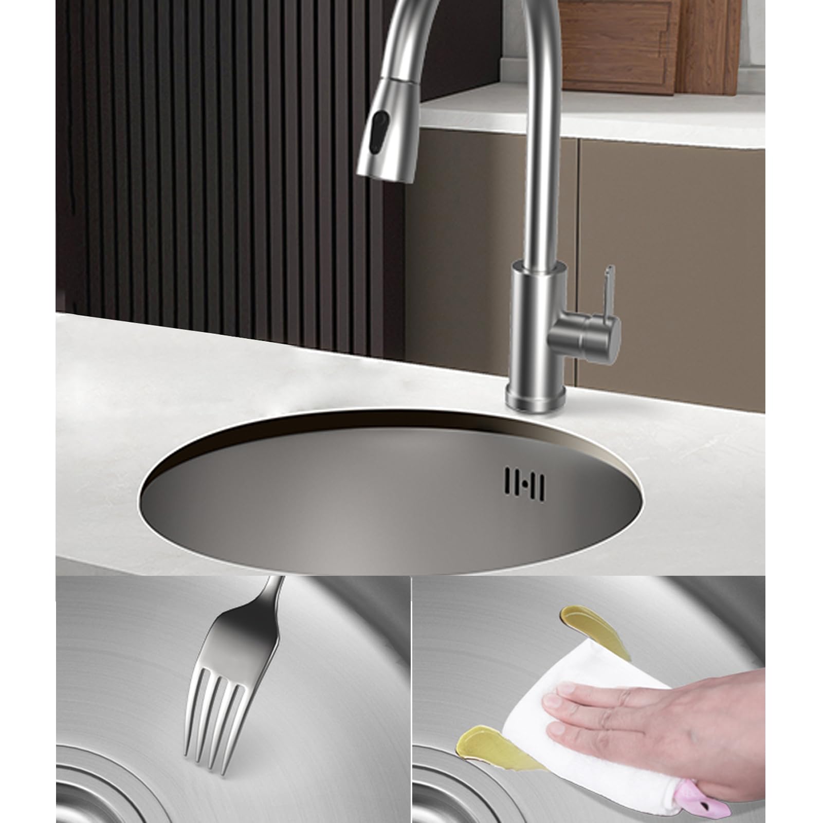 Lavello da Cucina,lavello Cucina a Vasca Singola in Acciaio Inox,Vasca Arrotondata con Rubinetto Estraibile,Installazione sottotop o sopratop per Bar,Campeggio e Auto (42x42x21cm)
