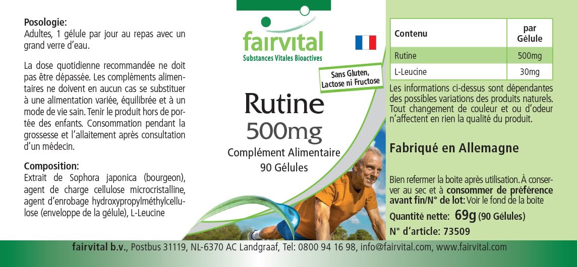 fairvital Rutine 500mg, 90 gélules, HAUTEMENT DOSÉE, issue du sophora du Japon (Sophora japonica), VÉGÉTALIENNE, pour 3 mois