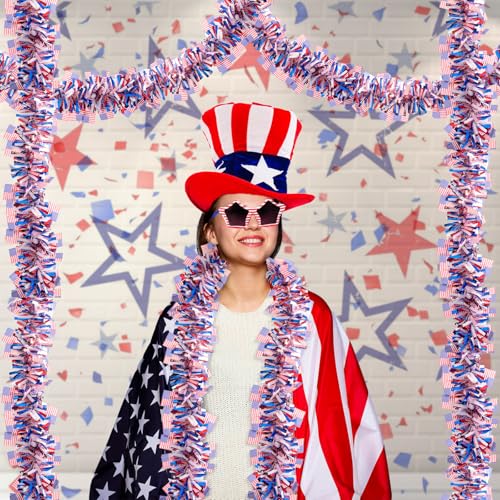 Image of 33FT 4th of July Patriotic Tinsel Garland Red White Blue Metallic Twist Foil Tinsel Garland with Flag for Memorial Day Independence Day Party Door Tree Indoor Outdoor Decoration